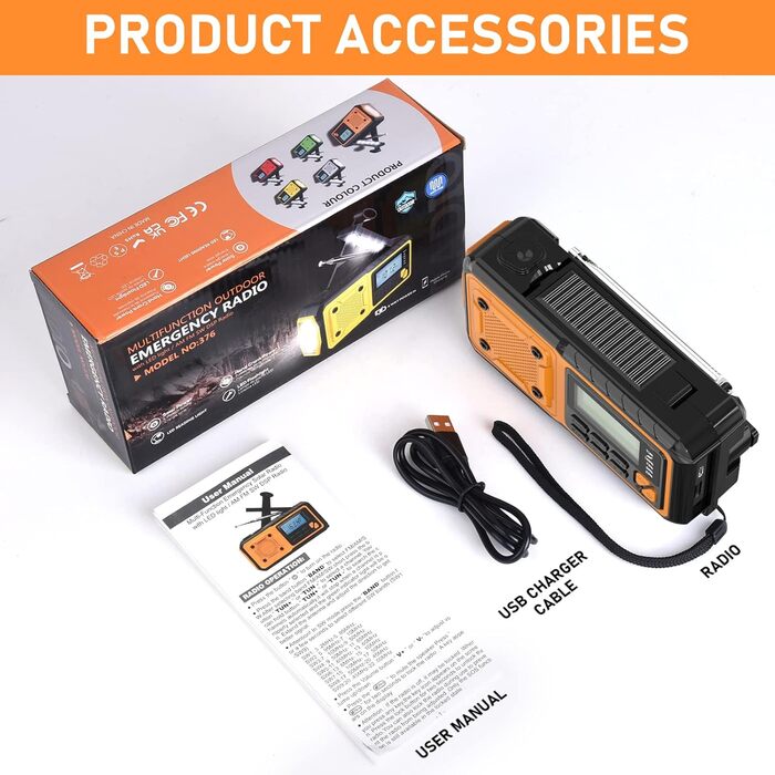 Радіо Tendak з ручним заводом та зарядкою для мобільного телефону, аварійне радіо FM/AM/SW з акумулятором 4000mAh, SOS-сигналом, ліхтариком та лампою для читання, сонячне радіо для кемпінгу та відпочинку на природі