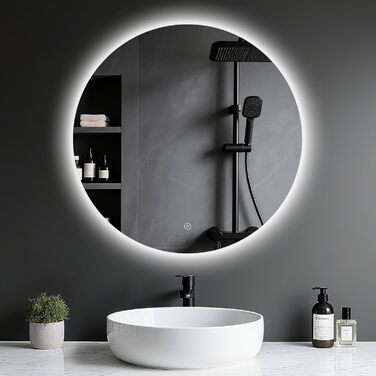Дзеркало для ванної кімнати з підсвічуванням LED, антизапотівання, сенсорне управління, регулювання яскравості, 3 кольори світла, функція пам'яті, захист від вибуху, кругле дзеркало 50 см (діаметр), 60x60 см (розміри)