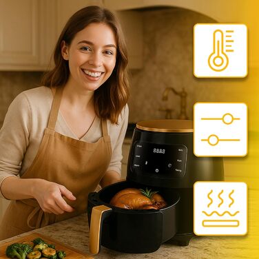 Аерофритюрниця Retoo 6.5л 1800Вт, 10 програм, до 200°C, сенсорне управління, не потребує олії, чорний/золотий