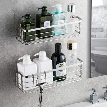Avoalre Shower Caddy, Stainless Steel Shower Shelf, No Drilling Required, Shower Basket with Strong Adhesive, 2 Pack, Lightweight Shower Shelf with 1 Movable Suction Hook
