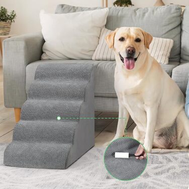 LIANTRAL Dog Stairs, 3 Steps Dog Staircase for Bed and Sofa, Made of High-Density Sponge, Cat Stairs Dog Ramp with Removable, Washable Cover and Pet Hair Remover Roller, 40 cm High (5 Steps Grey)
