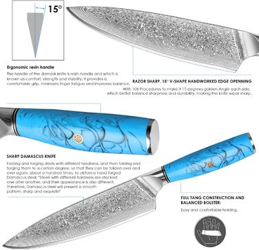 Ніж шеф-кухар Kiritsuke з дамаської сталі Home Safety, 18.8 см, VG-10, ергономічна ручка з натуральної смоли, подарункова коробка