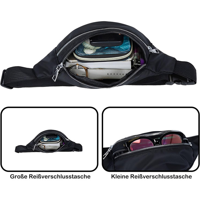 Чоловіча/Жіноча поясна сумка на пояс, водонепроникна, з PU шкіри, багатофункціональна, для спорту, подорожей, фестивалів (Чорний)