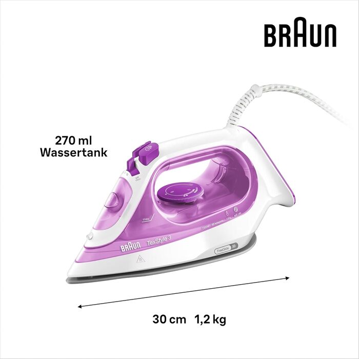 Праска з парою Braun FreeStyle 3 FI3124 PU, SuperCeramic підошва, технологія FreeGlide 3D, Ultimate FastClean, автоматичне відключення, вертикальне прасування, фіолетовий (2300 Вт)