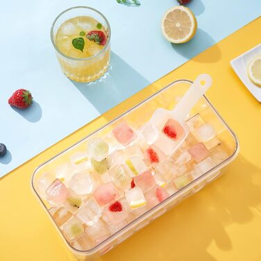 Ice cube mold, ice cube container, 96 ice cubes, ice cube mold with lid, with 3 trays, easy push to release ice, leak-proof, cooling for cocktails, whisky, coffee, blue