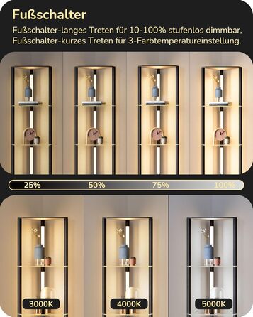 Стійка лампа EDISHINE з 4 полицями з дерева, LED диммер, 3 колірні температури, поворотний світловий маніпулятор, підсвічування полиць, футовий вимикач (чорний+скло)