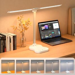Стійка лампа для робочого столу з двома регульованими головками, 5 режимів кольору, 10 рівнів яскравості, сенсорне керування, таймер 45 хв, диммування, для дому, офісу, читання, навчання - біла