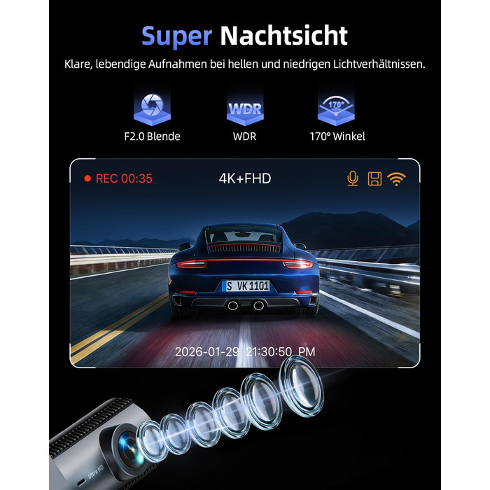 Відеореєстратор автомобільний 4K+1080P Dashcam з Wi-Fi, SD 64GB, нічна зйомка, G-сенсор, паркування