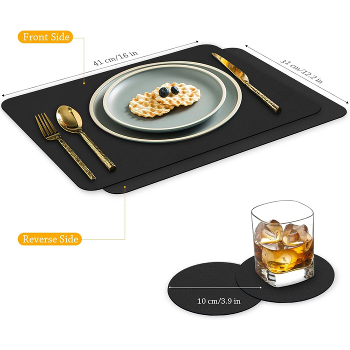 Placemat Set, 4 Pieces, Placemats with Coasters, Heat-Resistant, Scratch-Resistant, Non-Slip, Waterproof, Oil-Resistant, Washable, Wipeable, Kitchen Decoration and Kids (black, 4)