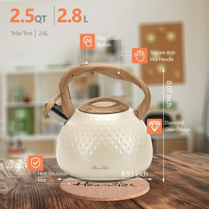 Чайник для плити Harriet Teekessel, 2.5 QT з флейтою, з 5-шаровим дном, з нержавіючої сталі, з термостійкою ручкою, підходить для газових та електричних плит, червоний глянцевий (бежево-білий глянцевий)