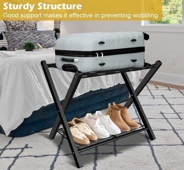 mocomax 1 Pack Folding Luggage Rack for Guest Rooms, Folding Suitcase Stand with Metal Shelf for Bedrooms, Living Rooms, Hotel Essentials, Robust Steel Frame, Black