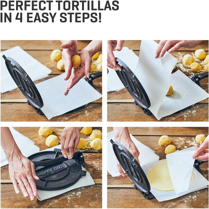 Cast Iron Tortilla Press - Taco & Roti Maker with 100 Sheets of Baking Paper - 8 Inch Kitchen Gadget for Tortillas, Roti, Tawa, Dosa & Dumplings