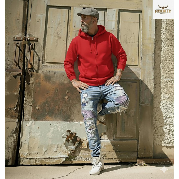 Світшот ROCK-IT з капюшоном Slim Fit для чоловіків, теплий худі на блискавці, ровненький, з флісовою підкладкою, [S-3XL], чорний, червоний, зелений, темно-синій, темно-сірий, сірий (XXL, червоний)