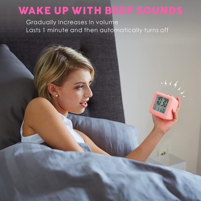 Цифровий туристичний годинник Plumeet з будильником, софт-нічником та великим дисплеєм, рожевий