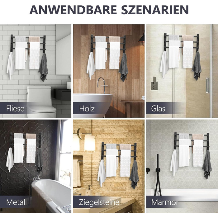 Тримач для рушників без свердління для ванної кімнати | Без бактерій | Приховані шурупи | Тримач для рушників з гачками - нержавіюча сталь SUS 304, чорний