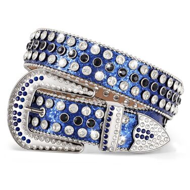 Жіночий шкіряний ремінь JasGood з камінням, стиль вестерн, ковбойський, з заклепками для джинсів та штанів (Синій, 105 см, підходить для розміру 66-80 см)
