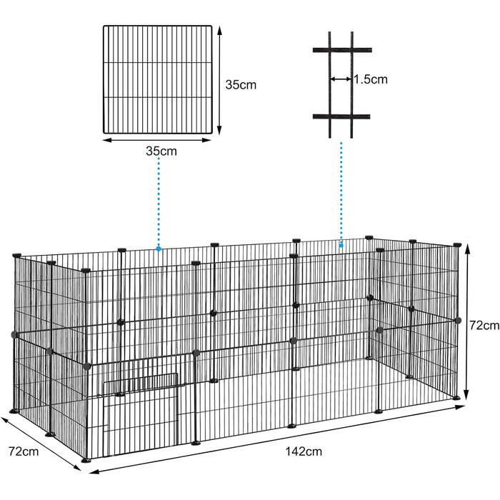 Клітка для кроликів та інших дрібних тварин Froadp 142x72x36 см з металу, 12-секційна з дверцятами, для морських свинок, хом'яків, їжаків, цуценят (чорна)