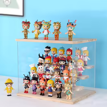 Joody Vitrine made of acrylic, Plexiglas boxes with 2 tiers, display case with door for Pop figures, minifigures, collectible toys, storage organizer for display case, dustproof with 2 shelves (Extended) – Original wood color (4 tiers – Walnut wood)