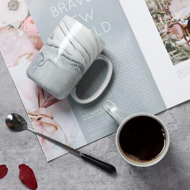 Smilatte Unique Coffee Cups, M068, Marble-Ceramic Cup with Large Handle, for Home and Office, Microwave-Safe, Set of 4, Gray