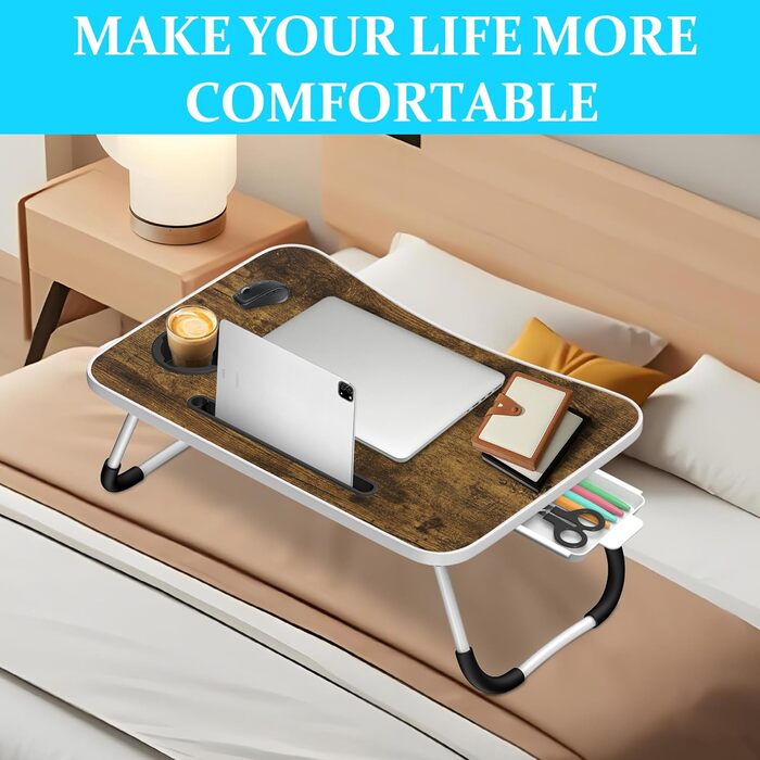 Столик для ноутбука Soontrans з ящиком, 60x40x28 см, з підстаканником та тримачем для планшета, складний, для ліжка та дивана