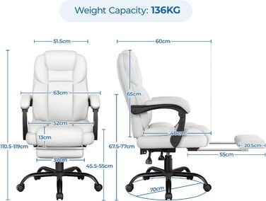 Ергономічне крісло Yaheetech для офісу, шезлонг з підставкою для ніг, комп'ютерне крісло з регульованими підлокітниками, висока спинка, регульована висота (Білий)