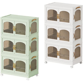 Kitchen Cabinet 98cm Folding Storage Cabinet with 3 Doors and Wheels Kitchen Cabinet for Living Room, Kitchen, Office, Large White (G-white and Green)