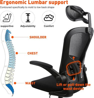 Ергономічне крісло для офісу HANGHAIGO, чорне, з підголівником, підлокітниками та підтримкою попереку, регулювання висоти, функція гойдання 90°-120°, максимальне навантаження 150 кг