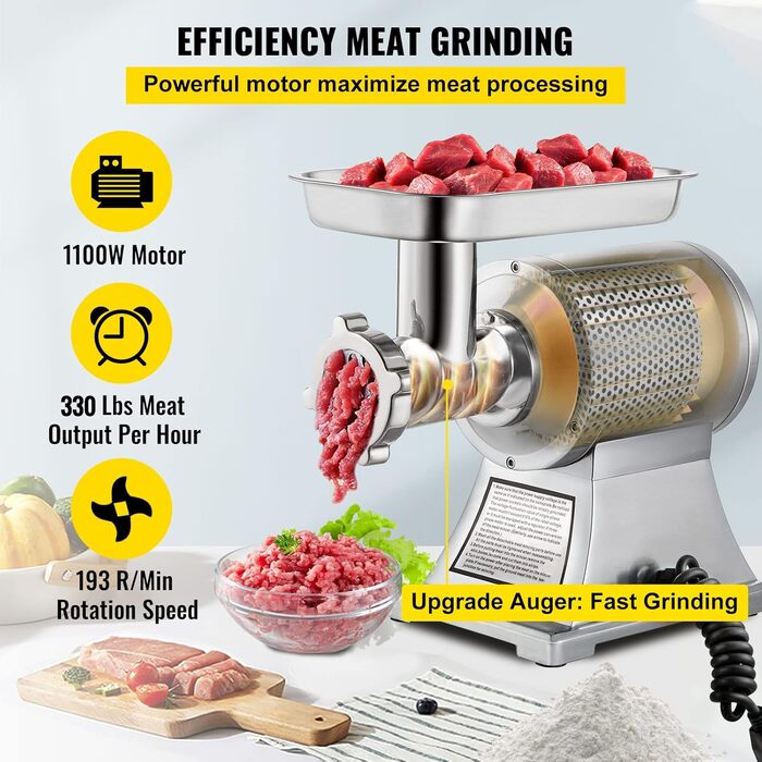 Електричний м'ясоподрібнювач Happybuy 1100W, 193 об/хв, з нержавіючої сталі, для ресторану, супермаркету, м'ясної лавки