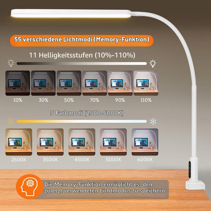 Настільна LED лампа BIENSER на затискачі, архітектурна світильник для офісу та навчання, 1100 Лм, 3 режими світла, 10 рівнів яскравості, функція пам'яті, біла (Schwanenhals Pro)