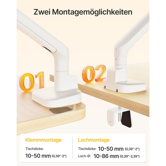 Кронштейн для монітора monTEK для екранів 17-40 дюймів, білий, навантаження до 12 кг, VESA 75/100, регулювання висоти та нахилу, поворот 360°, комплект 2 шт.