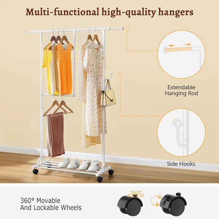 Кледірний стійка FAVOOSTY на колесах, мобільний, металевий, чорно-білий, регульований, 89.50×39.00×161.20 см