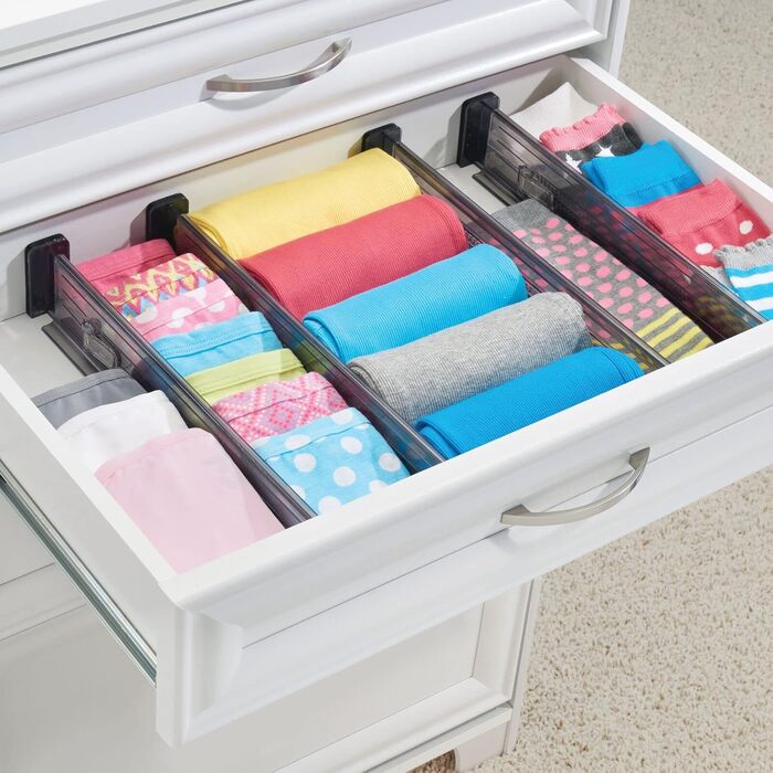 mDesign Adjustable Drawer Organizer – Practical Drawer Organizer for Cabinets and Dressers – Flexible Plastic Drawer Divider – 8-Piece Set – Smoke Grey and Black