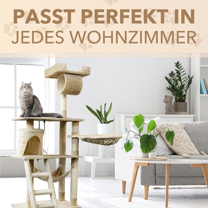 Кігтеточка для котів Foxdevil від xonic® - багатофункціональна кігтеточка з оглядовою платформою, гамаком, затишною печерею, іграшковою шнуркою, сходами – 141 см – (Бежевий V1)