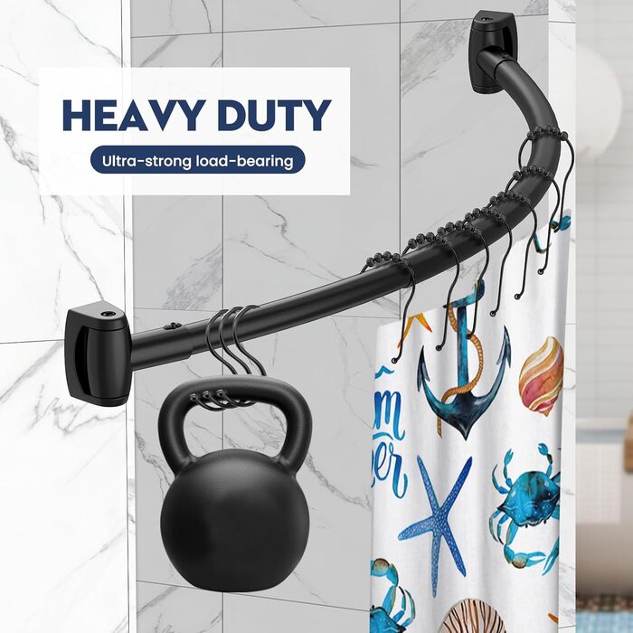 Вигнута штанга для душу, 107-190 см, регульована, чорна, кругла, для ванни, душової кабіни, з нержавіючої сталі, преміум-якість, потребує свердління