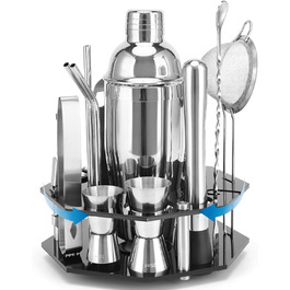 Набір для коктейлів 21 предмет | Набір шейкерів для коктейлів з обертовим підставкою | Шейкер з міцної нержавіючої сталі з аксесуарами | У комплекті стильна чорна подарункова коробка | Барний набір (Рожеве золото) (Срібло)