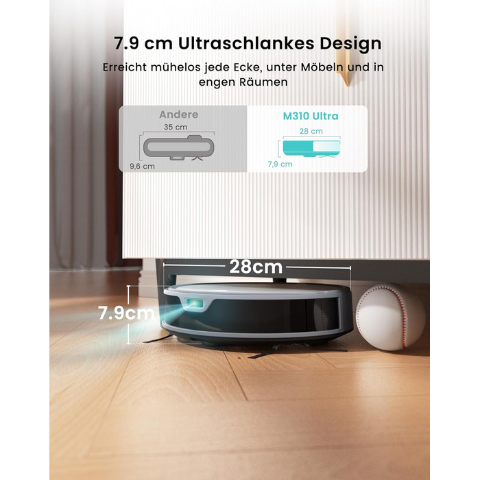 Робот-пилосос LEFANT M310 Ultra: потужність 6000Pa, вологе прибирання, лазерна навігація, керування через додаток та Alexa, захист від заплутування шерсті, білий