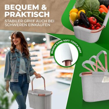 Великий стабільний кошик для покупок | Кошик для перенесення з ручками та посиленим дном, передня кишеня та внутрішня кишеня на блискавці | Ідеально як сумка для покупок, кошик для пікніка або шопер (Світло-сірий Рожевий)