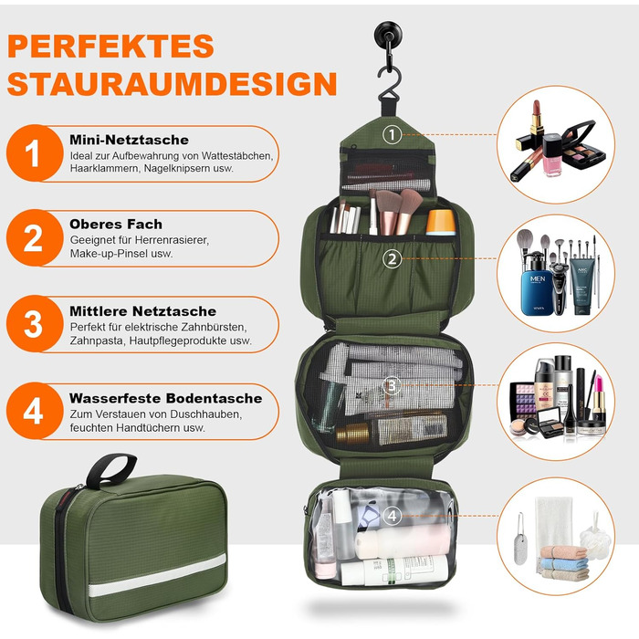 Чоловіча та жіноча косметичка для подорожей з відділеннями, водонепроникна, з гачком, зелена