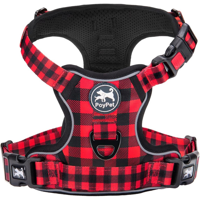 Нашийник для собак PoyPet без обмежень, світловідбиваючий, м'який, з простим закриттям, для маленьких собак (S, в клітинку, червоний)