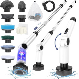 Electric Cleaning Brush, [Folding Version] Homtronics Electric Scrub Brush, Adjustable Long Handle, Electric Spin Scrubber Cordless with 8 Drill Brush Heads for Bathroom Kitchen Car, (White)