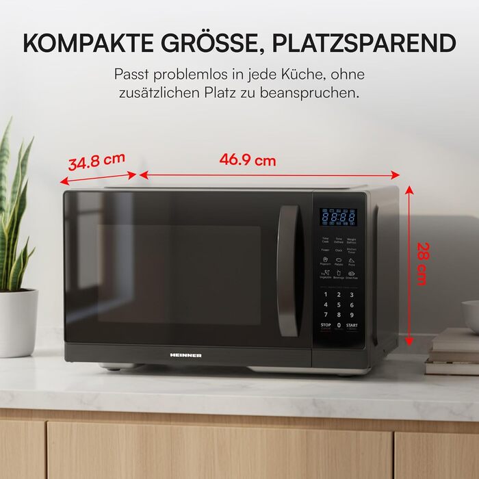 Мікрохвильова піч HMW-MD25DMRBK, 25 л, 800 Вт, чорний колір, 5 рівнів потужності, таймер, функція розморожування, поворотний піднос 28,5 см, 3 роки гарантії