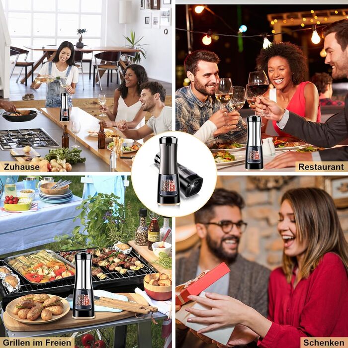 Nauotk 2-in-1 Electric Salt and Pepper Grinder, Battery Powered, Adjustable Coarseness, Automatic Salt and Pepper Grinder with LED, Double Nozzle, One-Hand Operation, Spice Grinder for Kitchen (USB)