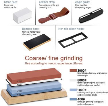 Набір для заточування ножів Aoresac: професійний шліфувальний камінь з різною зернистістю (400/1000/3000/8000) з неслизькою основою, камінь для заточування площини, кутовий шаблон, брусок для полірування. У подарунковій коробці