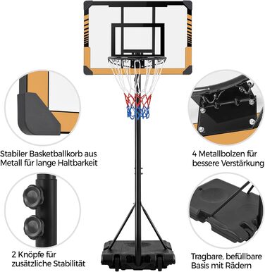 Yaheetech Adjustable Height Basketball Stand with Wheels - Mobile Basketball Hoop, Water/Sand Fillable, Indoor/Outdoor Basketball System - 226.5cm - 256.5cm