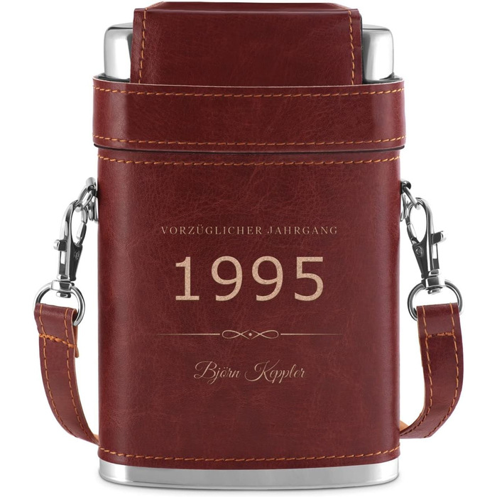 Термос Maverton з гравіюванням - персоналізований, 250 мл, з нержавіючої сталі, 3x10 мл пробники, шкіряний чохол з ремінцем, подарунок на день народження та інше, колір: сріблястий/коричневий