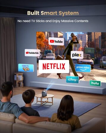 Mini проєктор Beamer 4K з WiFi 6, Dolby Audio та підтримкою Netflix | 1080P Full HD, інтегровані додатки, автоматичне фокусування, вертикальна корекція трапецеїдальних спотворень, короткофокусний, сріблясто-сірий