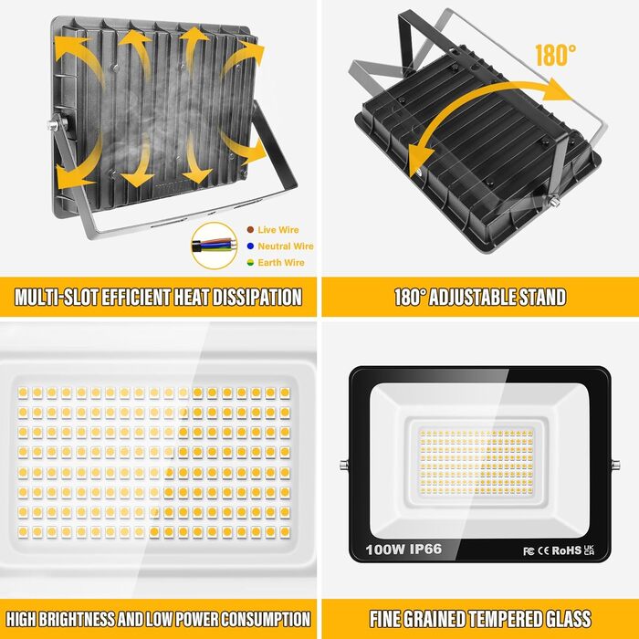 RIGIDON 2x 75W LED Floodlights Outdoor, 7500LM Outdoor Spotlight, 3000K Warm White IP66 Waterproof LED Floodlight, Outdoor Lamp for Garden, Courtyards, Garage, Hotel, Sports Field, Workshop (1 x 100W)