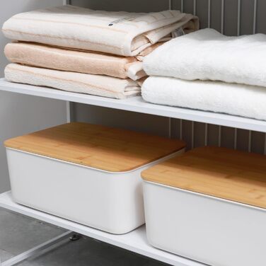 Kerhouze 2 PCS Storage Box with Bamboo Lid White Storage Plastic Box for Organization Stackable Storage Boxes with Handle for Kitchen Bathroom 38.4 * 27 * 15.2cm, 13L