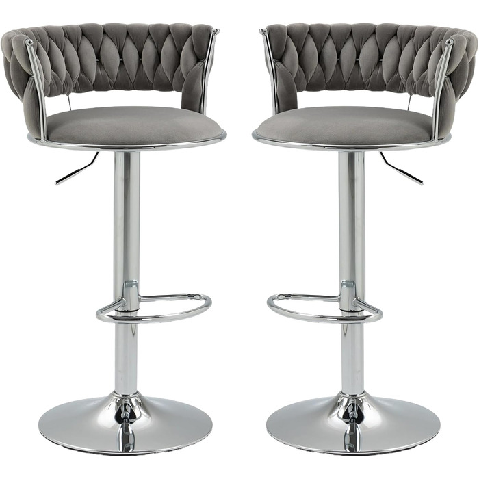 Adjustable Velvet Bar Stools 2-Pack with Backrest & Armrests - Ergonomic Swivel Bar Stools with Handwoven Velvet & Gold Legs for Kitchen Island, Bar, Restaurant - Includes Footrest (Silver, Grey)