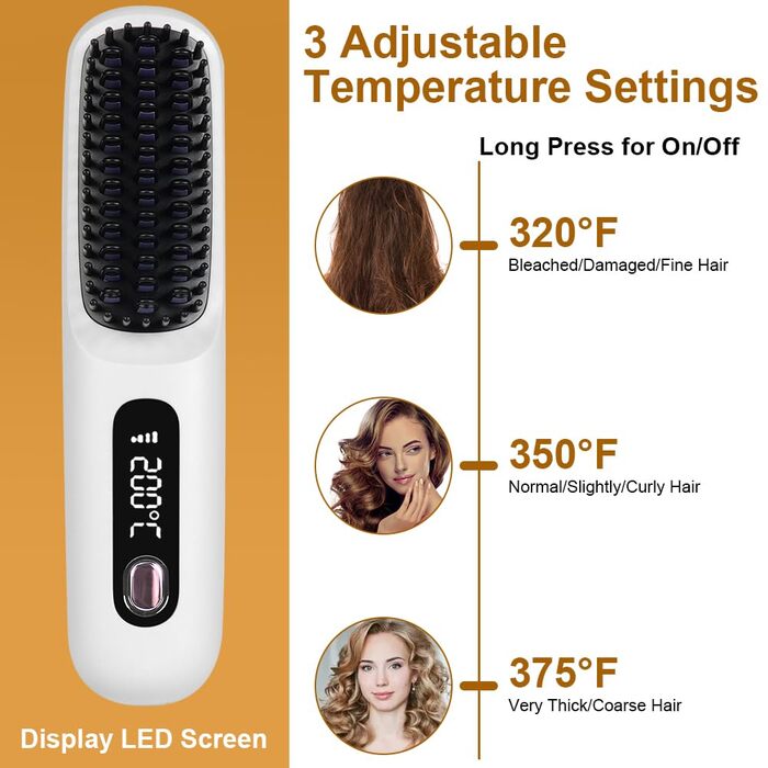 Бездротова випрямляч для волосся LOPHE - щітка-випрямляч з LED-дисплеєм, 3 температурні режими, акумулятор, для волосся та бороди, білий
